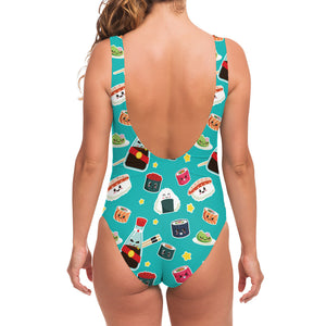 Cute Japanese Sushi Pattern Print One Piece Swimsuit