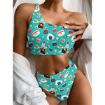 Cute Japanese Sushi Pattern Print One Shoulder Bikini Top
