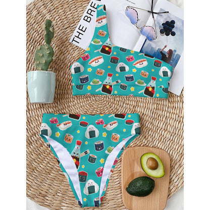 Cute Japanese Sushi Pattern Print One Shoulder Bikini Top