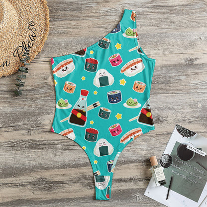 Cute Japanese Sushi Pattern Print One Shoulder Bodysuit