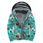 Cute Japanese Sushi Pattern Print Sherpa Lined Zip Up Hoodie