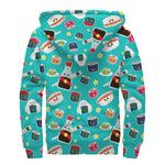 Cute Japanese Sushi Pattern Print Sherpa Lined Zip Up Hoodie
