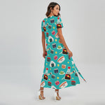 Cute Japanese Sushi Pattern Print Short Sleeve Maxi Dress