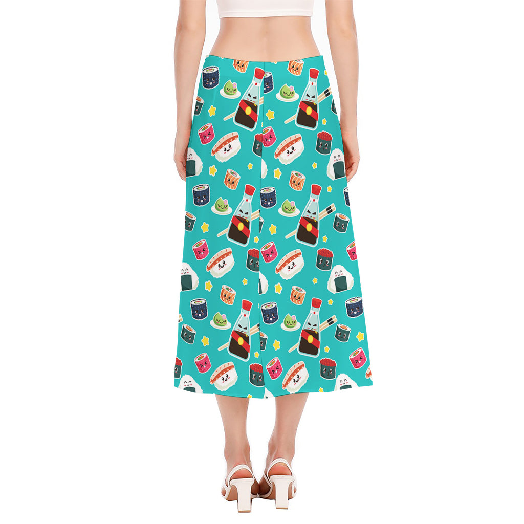 Cute Japanese Sushi Pattern Print Side Slit Midi Skirt