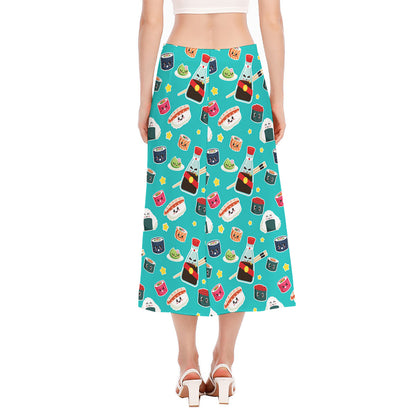 Cute Japanese Sushi Pattern Print Side Slit Midi Skirt