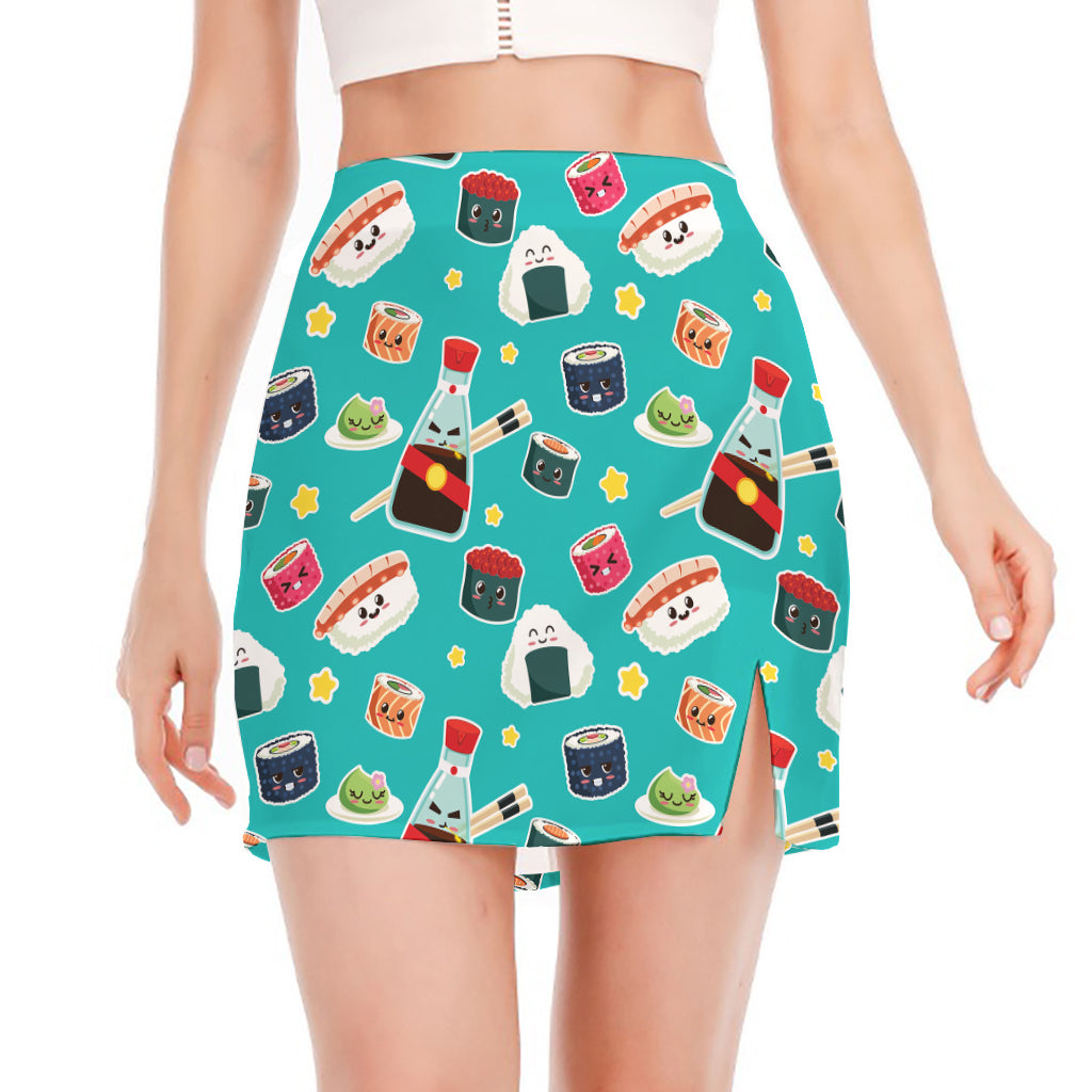 Cute Japanese Sushi Pattern Print Side Slit Mini Skirt