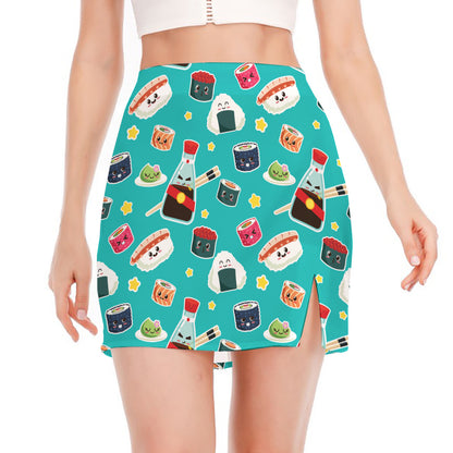 Cute Japanese Sushi Pattern Print Side Slit Mini Skirt