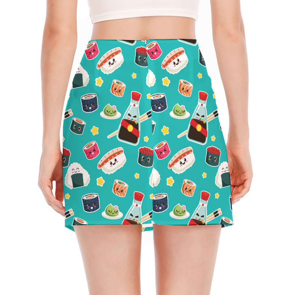 Cute Japanese Sushi Pattern Print Side Slit Mini Skirt