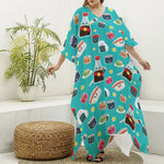 Cute Japanese Sushi Pattern Print Silk V-Neck Kaftan Dress