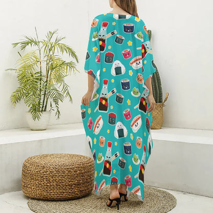 Cute Japanese Sushi Pattern Print Silk V-Neck Kaftan Dress