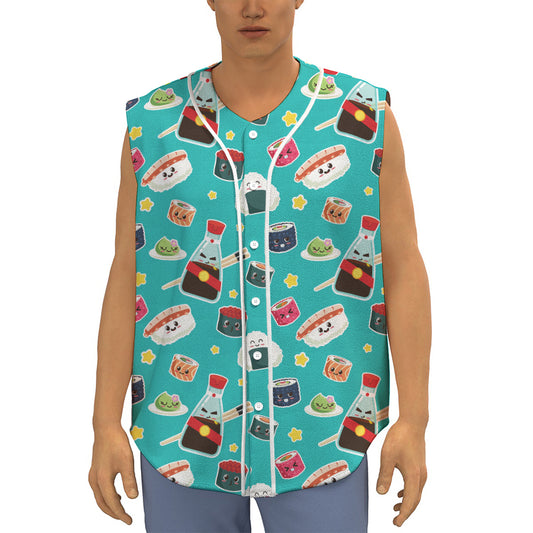 Cute Japanese Sushi Pattern Print Sleeveless Baseball Jersey