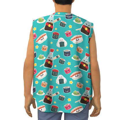Cute Japanese Sushi Pattern Print Sleeveless Baseball Jersey