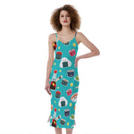 Cute Japanese Sushi Pattern Print Slim Fit Midi Cami Dress