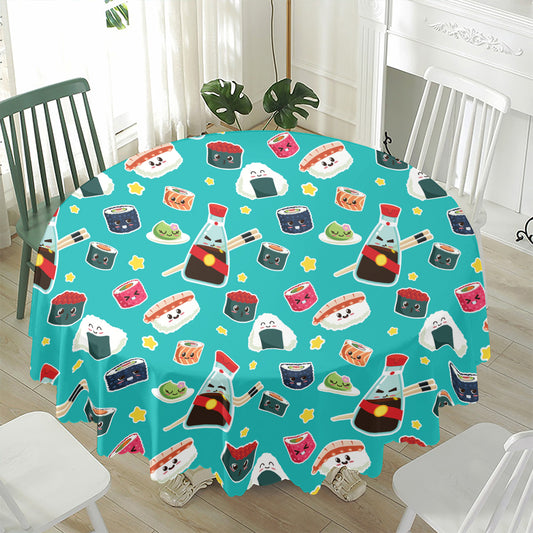 Cute Japanese Sushi Pattern Print Waterproof Round Tablecloth