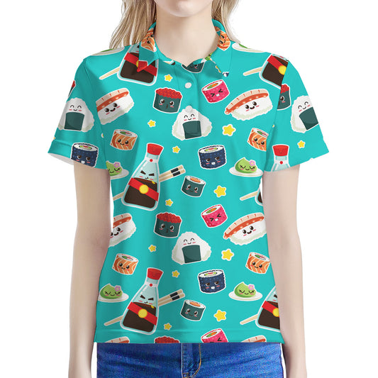 Cute Japanese Sushi Pattern Print Women's Polo Shirt