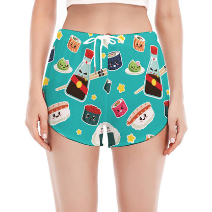 Cute Japanese Sushi Pattern Print Women's Split Running Shorts