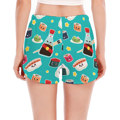 Cute Japanese Sushi Pattern Print Women's Split Running Shorts