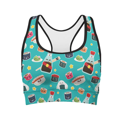 Cute Japanese Sushi Pattern Print Women's Sports Bra