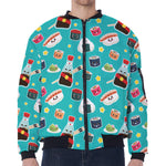 Cute Japanese Sushi Pattern Print Zip Sleeve Bomber Jacket