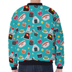 Cute Japanese Sushi Pattern Print Zip Sleeve Bomber Jacket