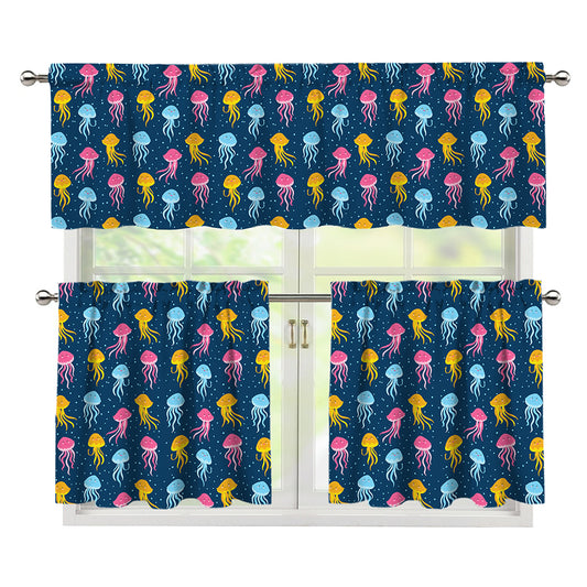 Cute Jellyfish Pattern Print 3 Piece Kitchen Curtains