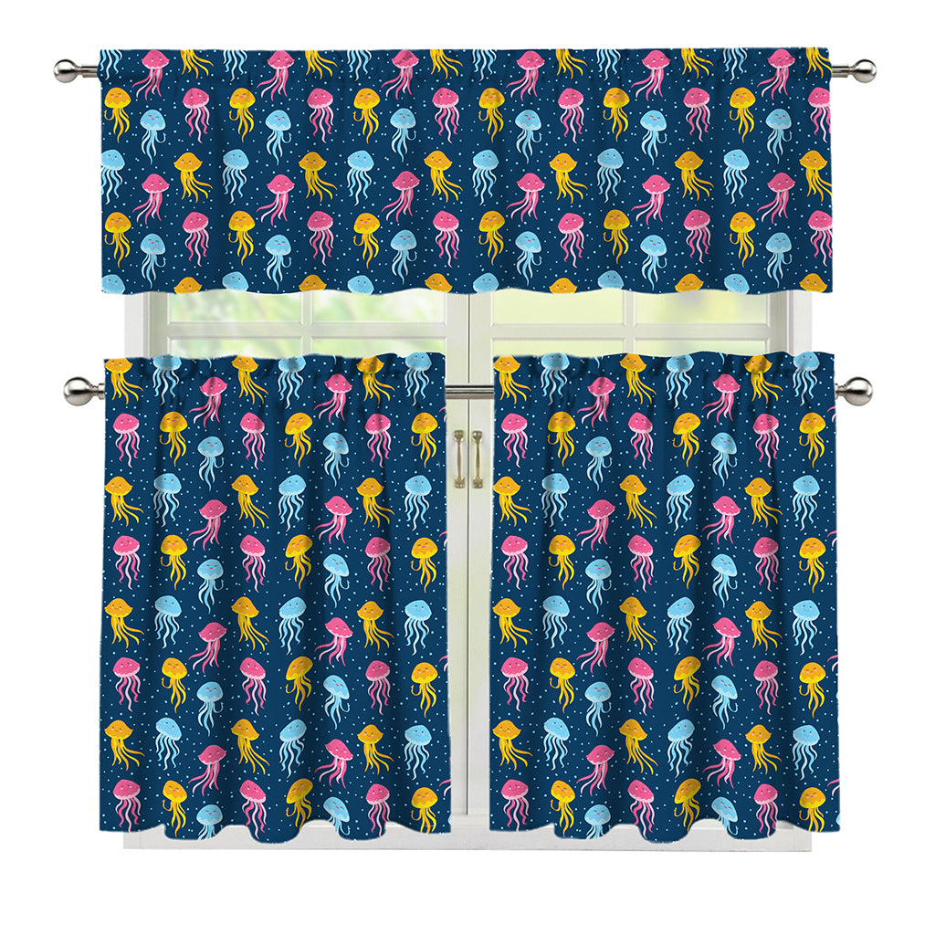 Cute Jellyfish Pattern Print 3 Piece Kitchen Curtains