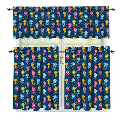 Cute Jellyfish Pattern Print 3 Piece Kitchen Curtains