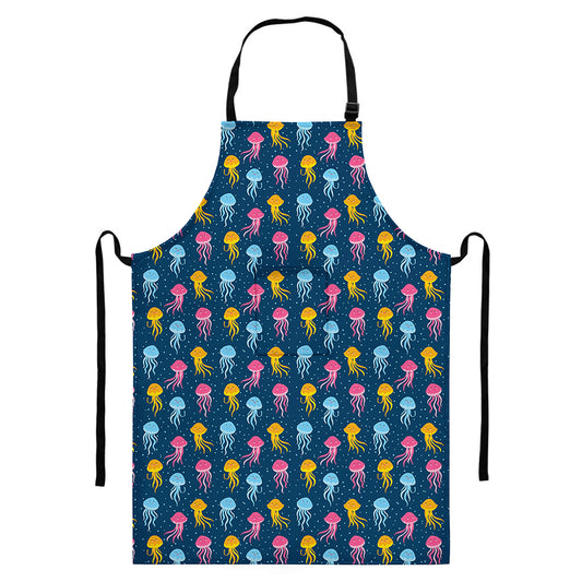 Cute Jellyfish Pattern Print Bib Apron With Pocket