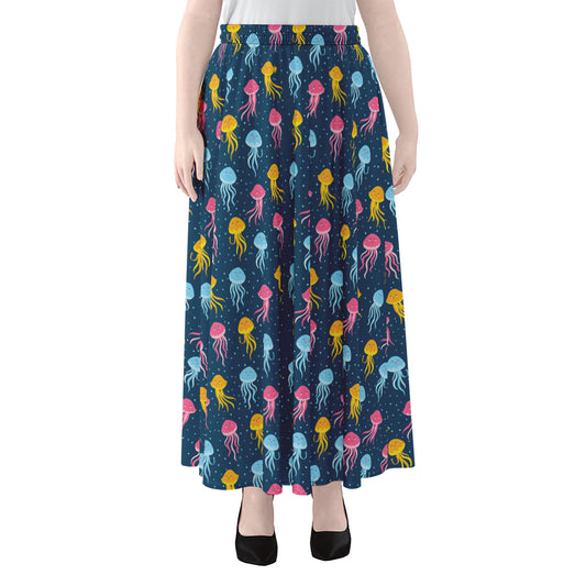 Cute Jellyfish Pattern Print Chiffon Maxi Skirt