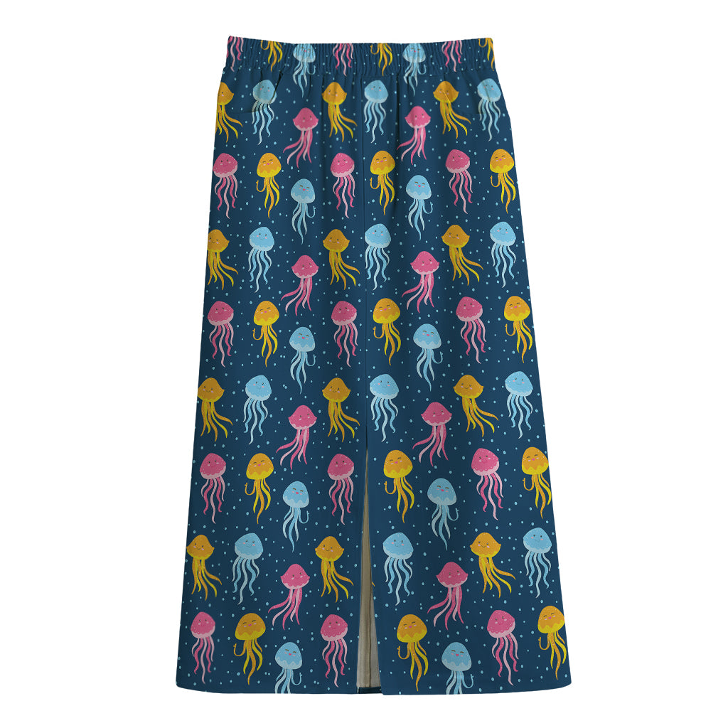 Cute Jellyfish Pattern Print Cotton Front Slit Maxi Skirt