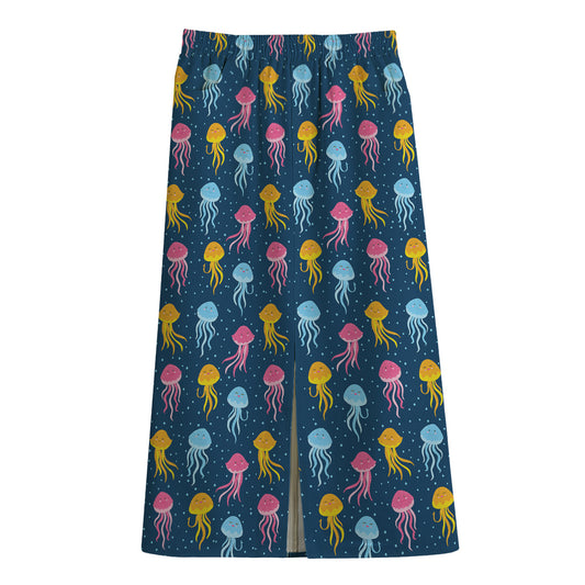 Cute Jellyfish Pattern Print Cotton Front Slit Maxi Skirt