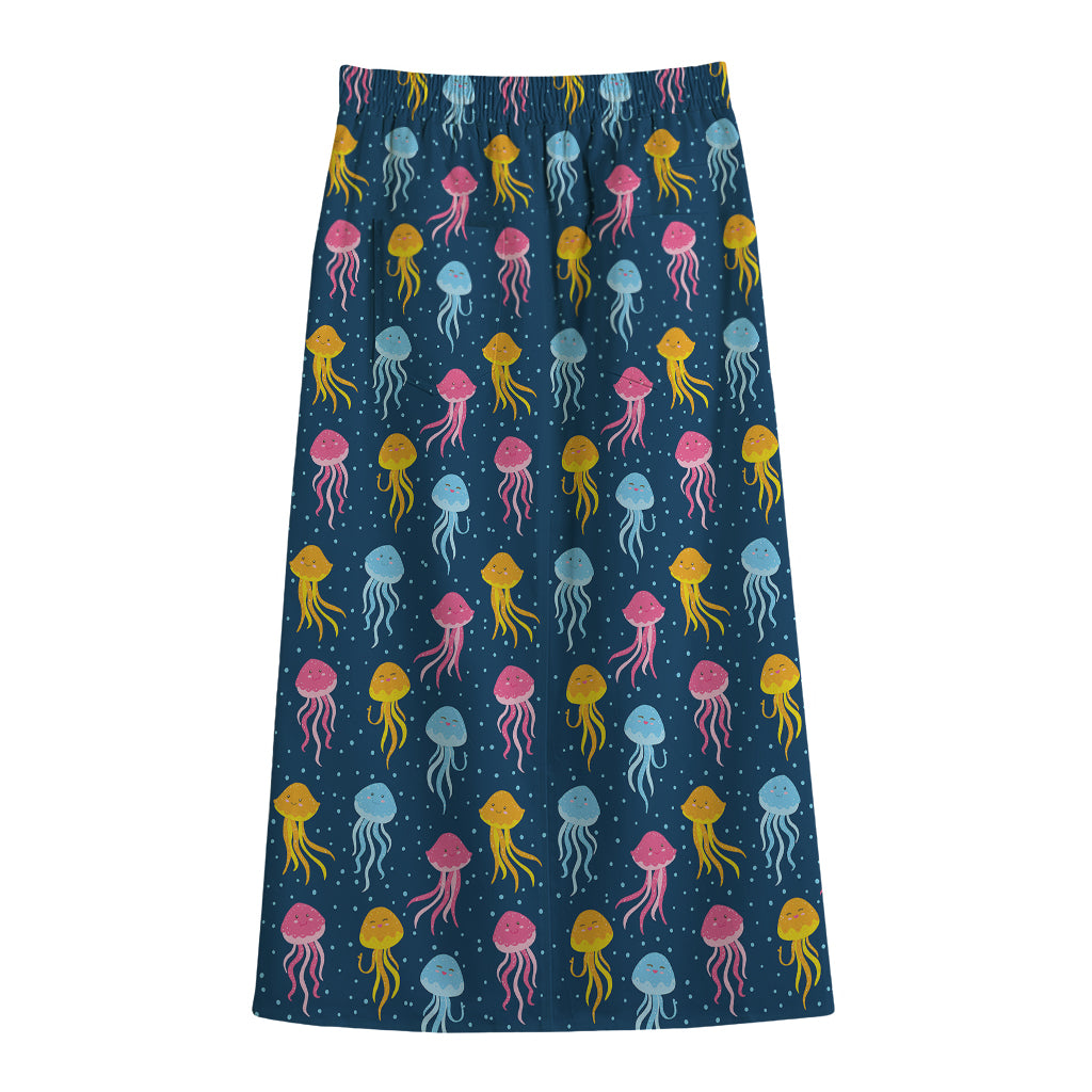 Cute Jellyfish Pattern Print Cotton Front Slit Maxi Skirt