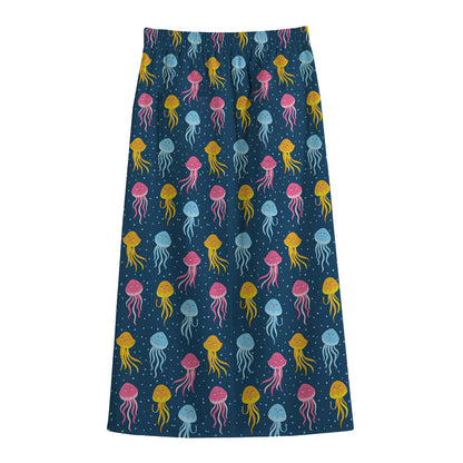 Cute Jellyfish Pattern Print Cotton Front Slit Maxi Skirt