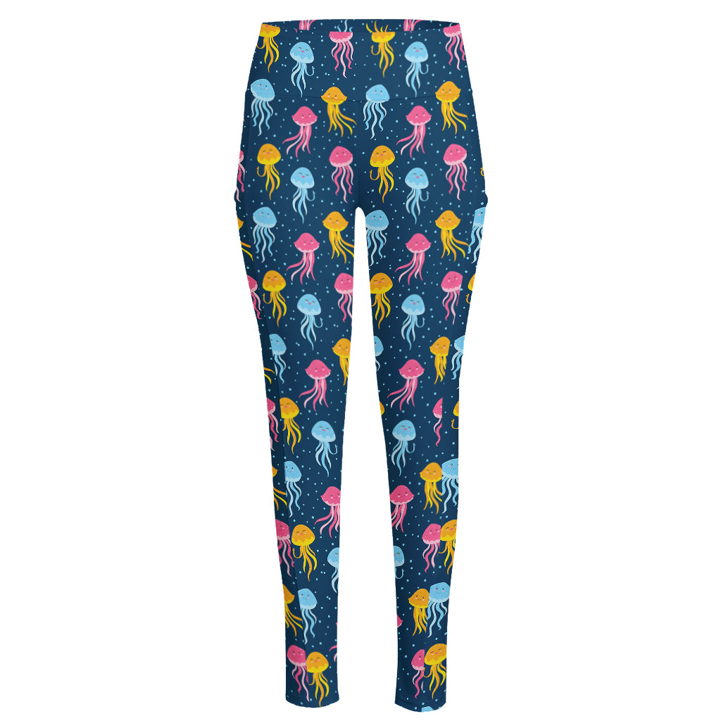 Cute Jellyfish Pattern Print High-Waisted Pocket Leggings