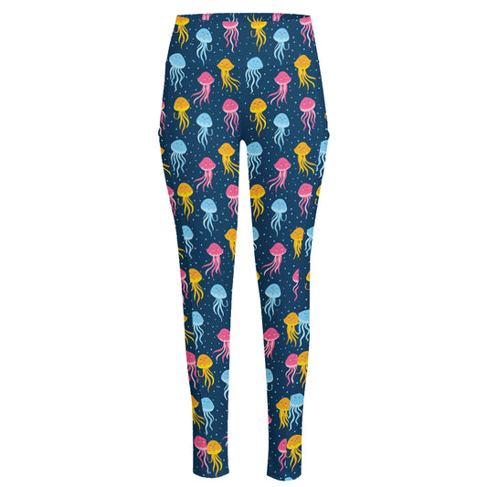 Cute Jellyfish Pattern Print High-Waisted Pocket Leggings