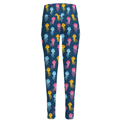 Cute Jellyfish Pattern Print High-Waisted Pocket Leggings