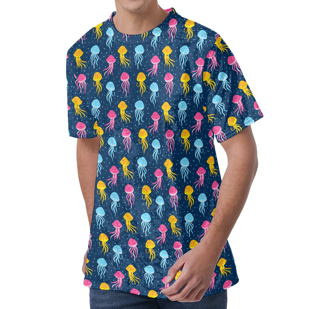 Cute Jellyfish Pattern Print Men's Velvet T-Shirt