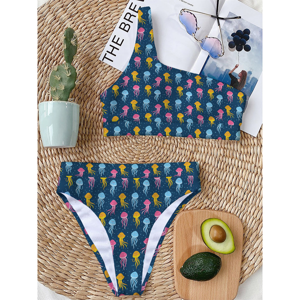 Cute Jellyfish Pattern Print One Shoulder Bikini Top