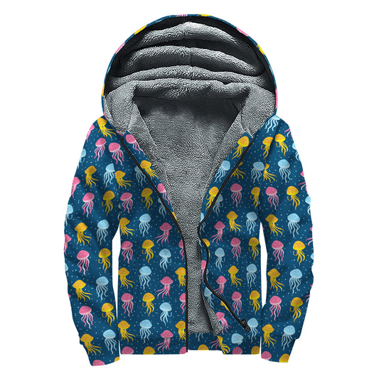 Cute Jellyfish Pattern Print Sherpa Lined Zip Up Hoodie