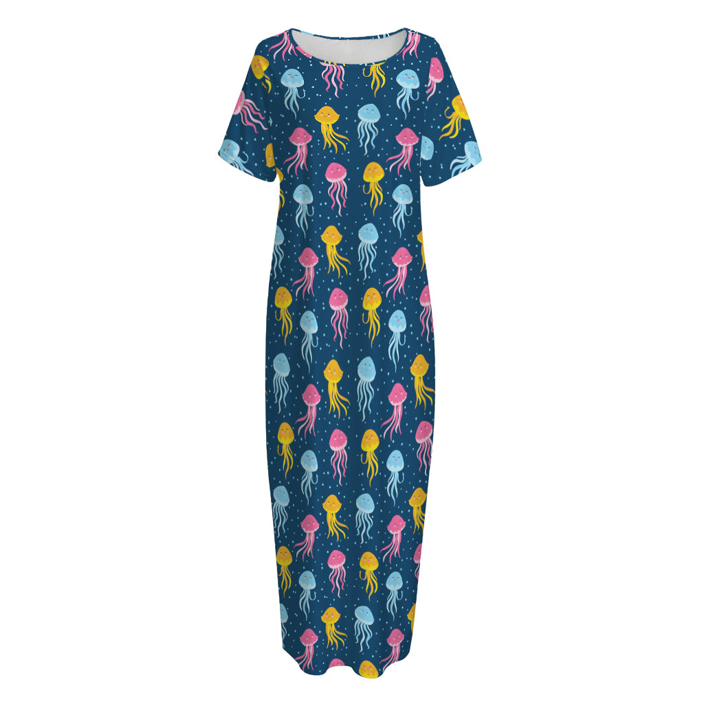 Cute Jellyfish Pattern Print Short Sleeve Long Nightdress