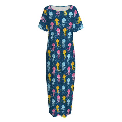 Cute Jellyfish Pattern Print Short Sleeve Long Nightdress