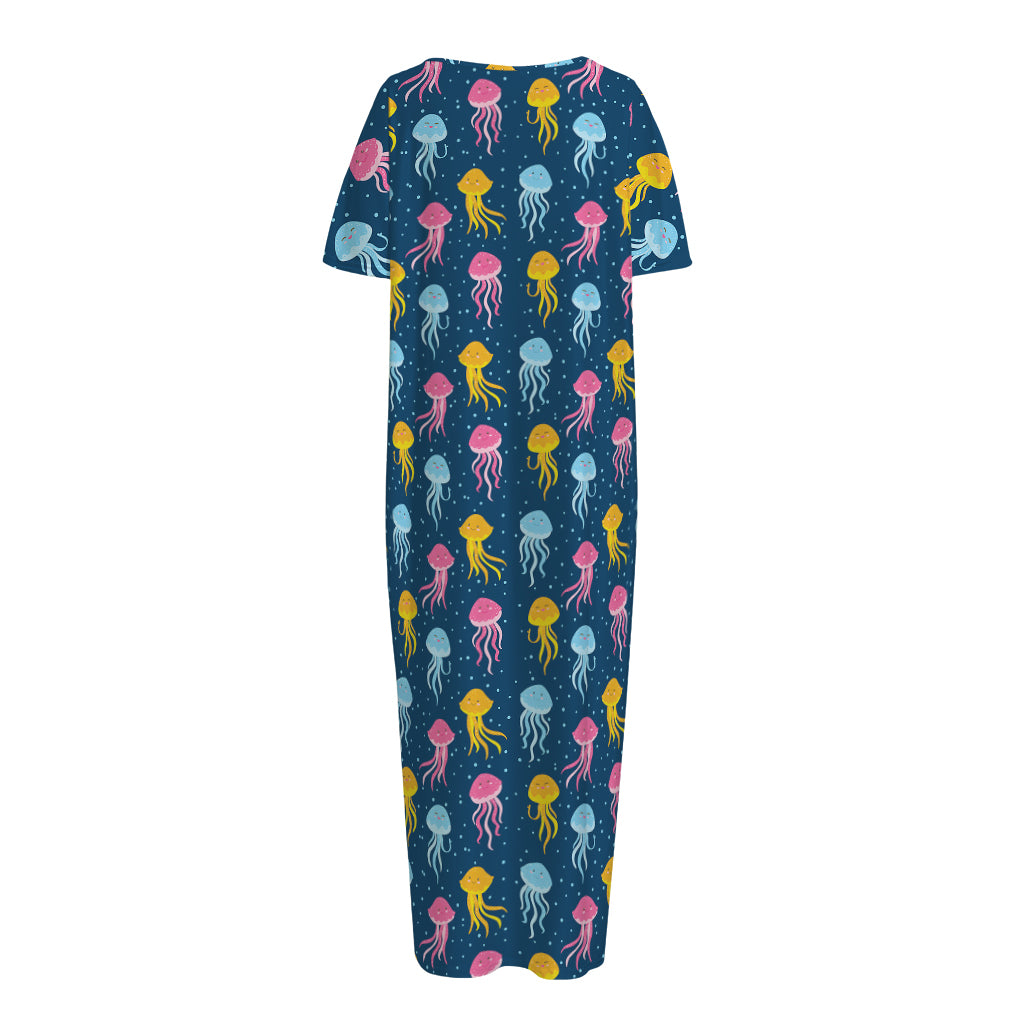 Cute Jellyfish Pattern Print Short Sleeve Long Nightdress