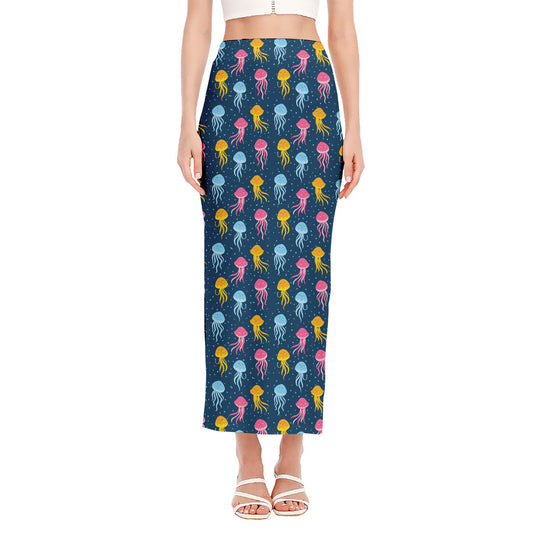 Cute Jellyfish Pattern Print Side Slit Maxi Skirt