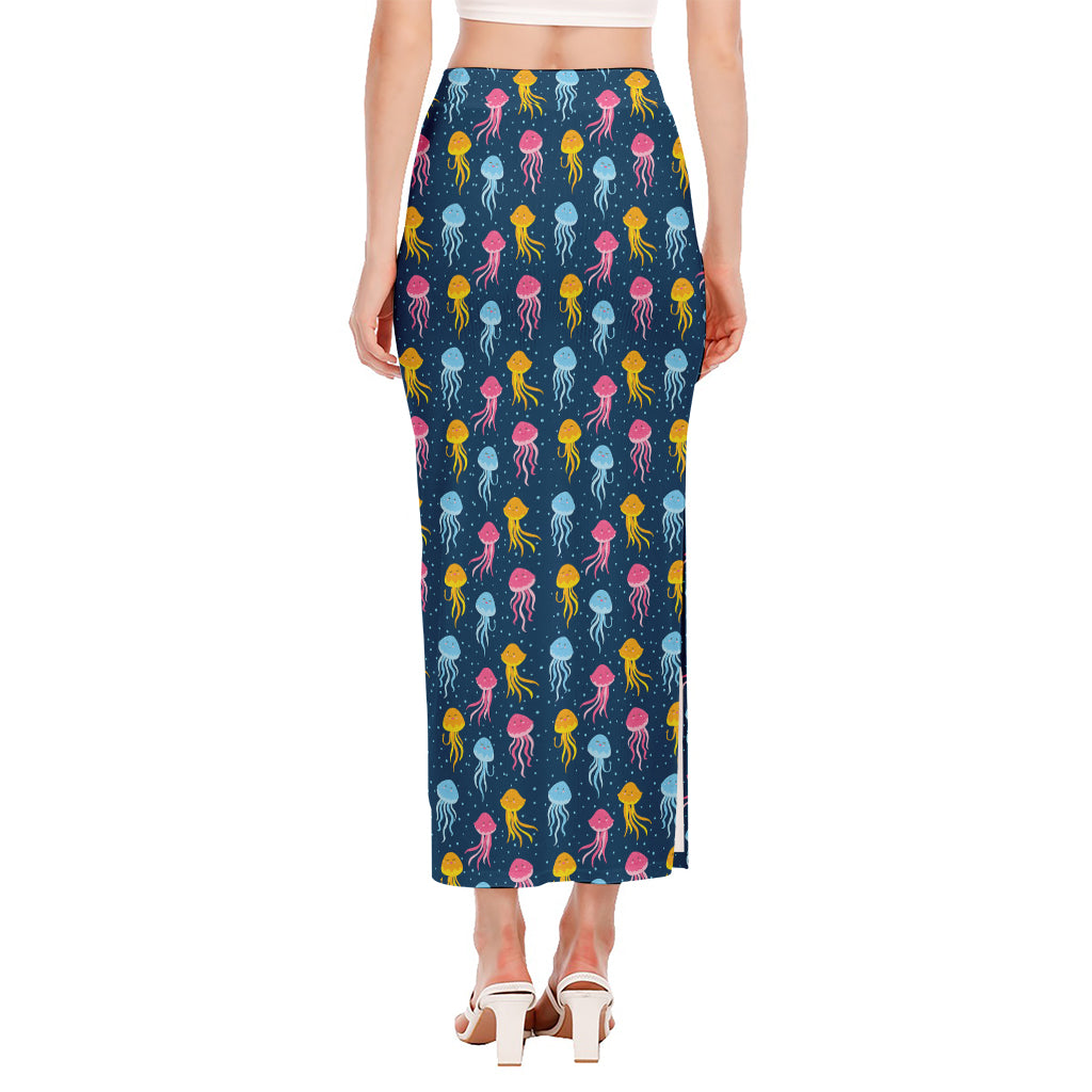 Cute Jellyfish Pattern Print Side Slit Maxi Skirt