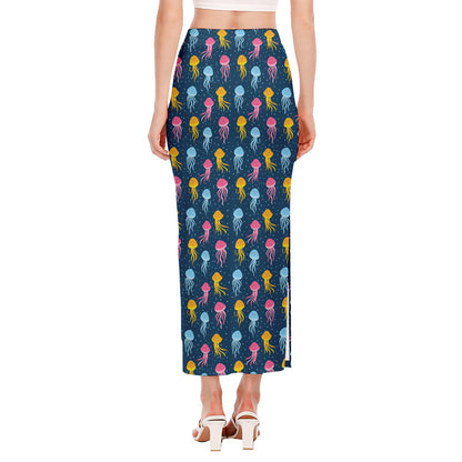 Cute Jellyfish Pattern Print Side Slit Maxi Skirt