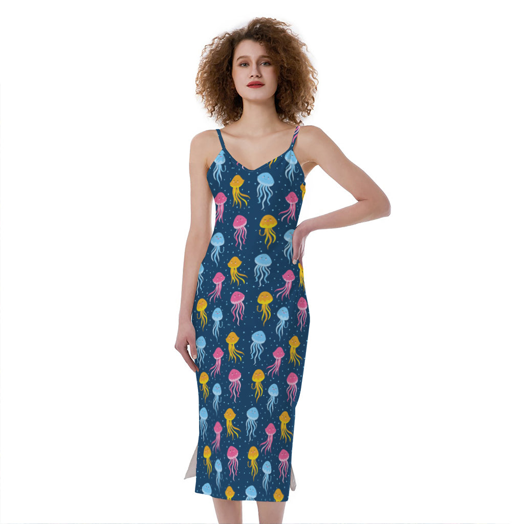 Cute Jellyfish Pattern Print Slim Fit Midi Cami Dress