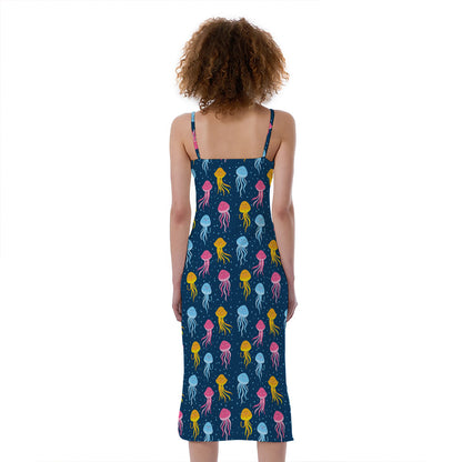 Cute Jellyfish Pattern Print Slim Fit Midi Cami Dress