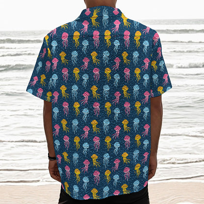 Cute Jellyfish Pattern Print Textured Short Sleeve Shirt