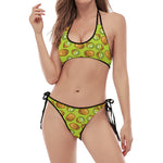 Cute Kiwi Pattern Print Halter Scoop Tie Side Bikini