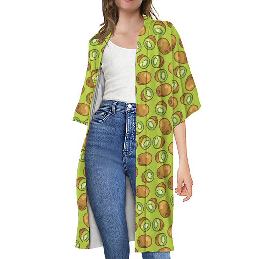 Cute Kiwi Pattern Print Open Front Beach Cover Up